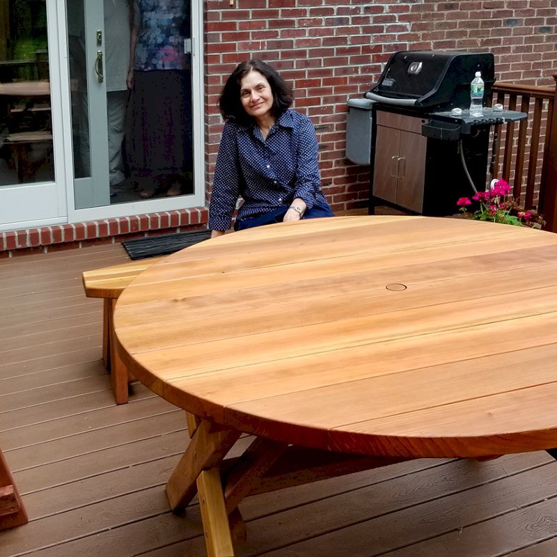 Round Wood Picnic Table with Wheels Forever Redwood